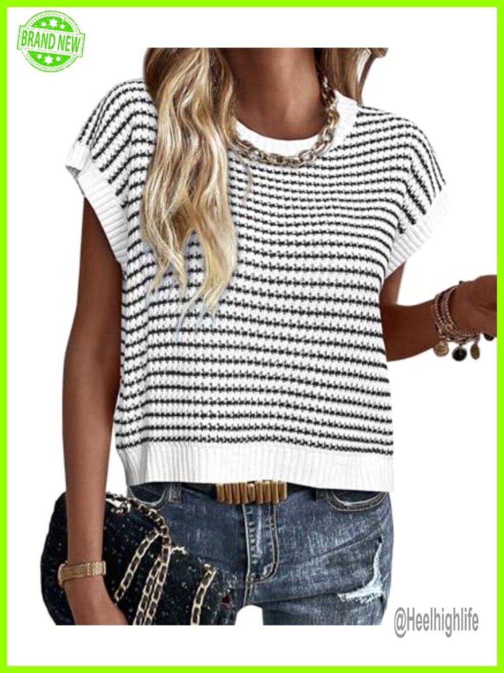 Striped Short Sleeve Sweater Vest Knit Pullover Cap Sleeve Layer